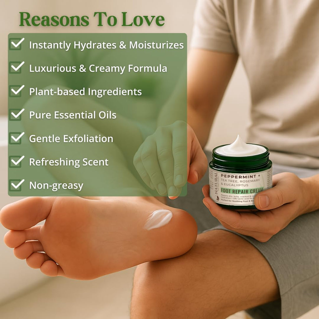 Natural Escapes Peppermint + Rosemary, Eucalyptus & Tea Tree Foot Cream for Dry Cracked Heels and Feet - Moisturizing Foot Lotion for Cracked Heel Repair - Callus Remover with Lactic Acid (4 oz)