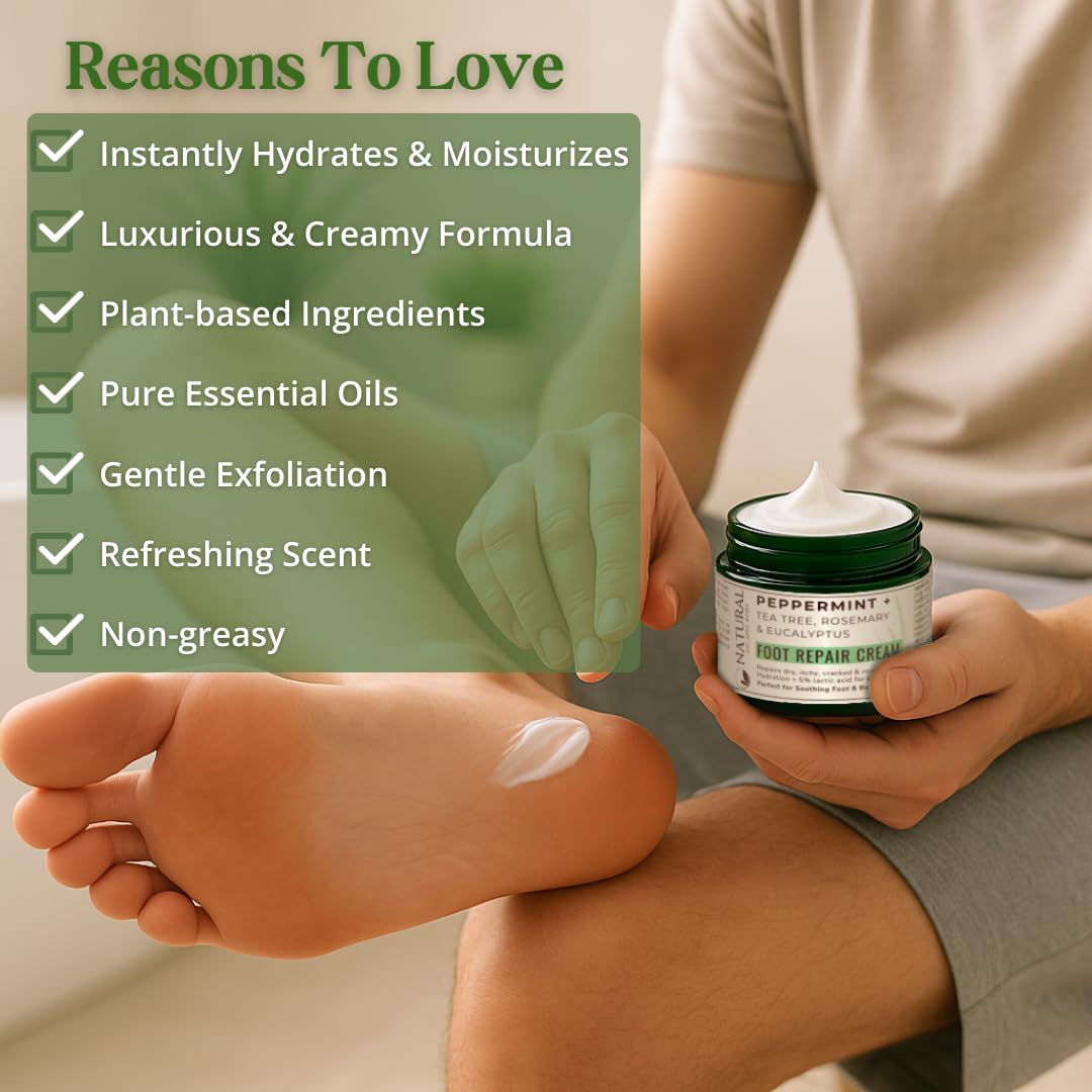 Natural Escapes Peppermint + Rosemary, Eucalyptus & Tea Tree Foot Cream for Dry Cracked Heels and Feet - Moisturizing Foot Lotion for Cracked Heel Repair - Callus Remover with Lactic Acid (4 oz)