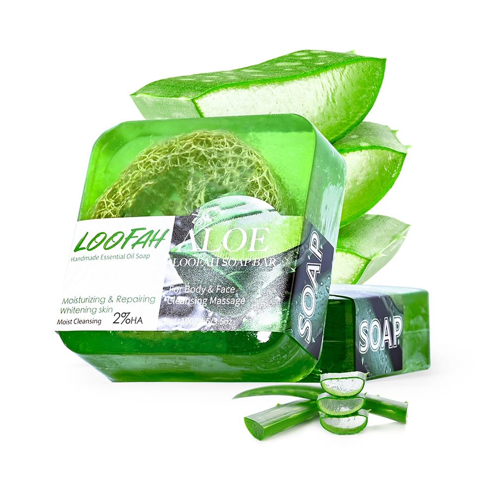 Aloe Vera Hademade Loofah Soap, Natural Exfoliating Clean Bar, Gentle Cleansing Massage Moisturizing & Repairing, Organic Handmade with Aloe Vera Plant Oil Body Bath Cream, Aloe