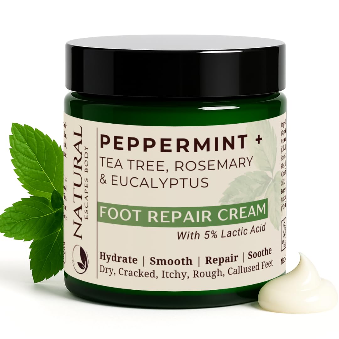 Natural Escapes Peppermint + Rosemary, Eucalyptus & Tea Tree Foot Cream for Dry Cracked Heels and Feet - Moisturizing Foot Lotion for Cracked Heel Repair - Callus Remover with Lactic Acid (4 oz)