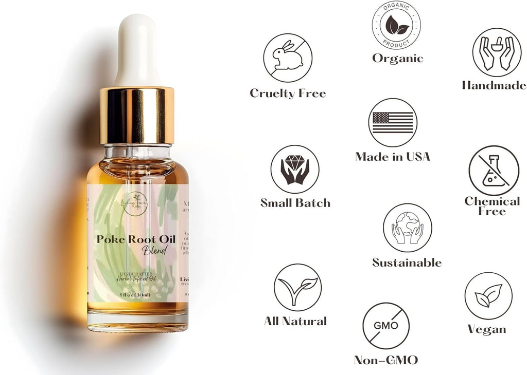 Organic Poke Root Oil with Castor Oil & Vanilla for Cysts, Boils, Fibroids, Swollen Lymph Nodes, Breast & Joint - Vegan Lymphatic Support Massage Oil - Handmade in The USA