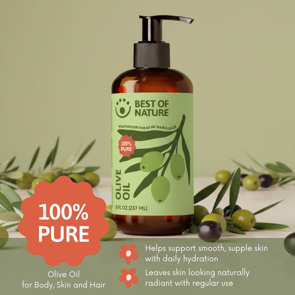 Best of Nature 100% Pure Olive Massage & Body Oil – Cold Pressed, Natural & Unscented Moisturizer for Skin, Hair & Bath, 8 fl oz
