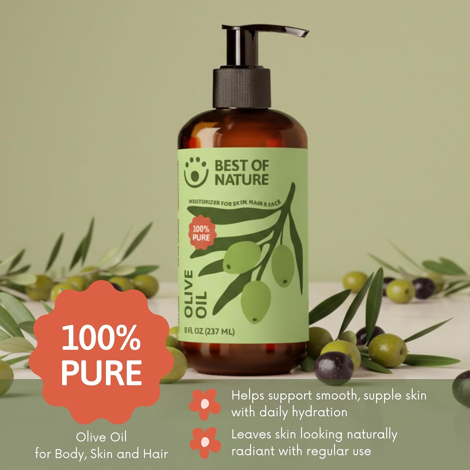 Best of Nature 100% Pure Olive Massage & Body Oil – Cold Pressed, Natural & Unscented Moisturizer for Skin, Hair & Bath, 8 fl oz