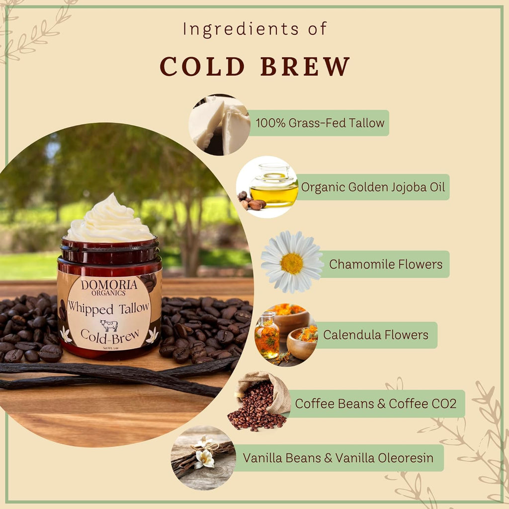 Handmade Whipped Tallow Balm – Cold Brew, Real Coffee & Vanilla Beans, Herb-Infused Chamomile & Calendula Moisturizer for Men, Women, Psoriasis, Eczema, Dry Sensitive Skin