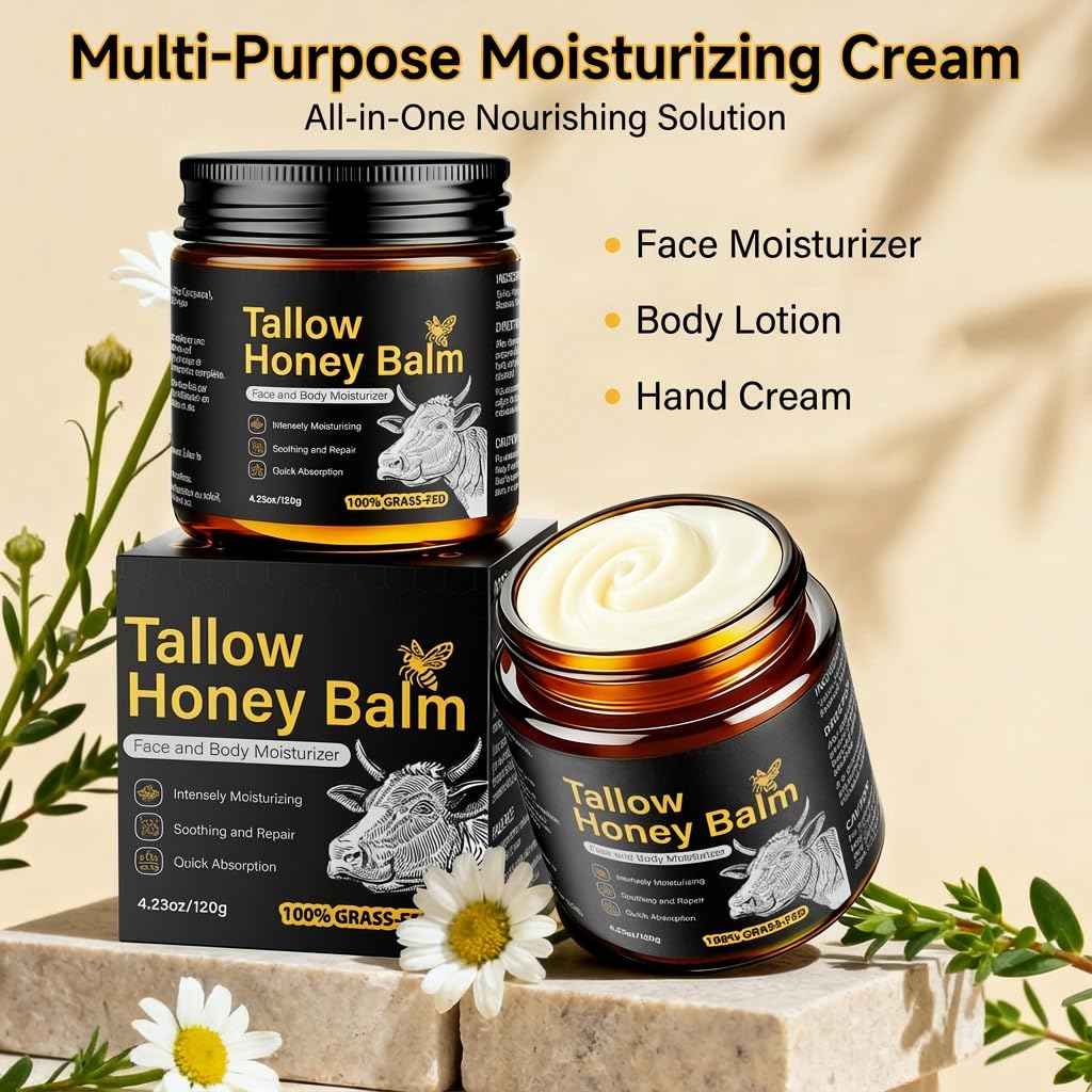 Beef Tallow for Skin,Face,Body - Handmade Whipped Tallow Face Moisturizer& Tallow Balm with 100% Grass-Fed Beef Tallow & Raw Honey,Narural Organic Tallow and honey balm for Men&Women,Unscented,4.23OZ