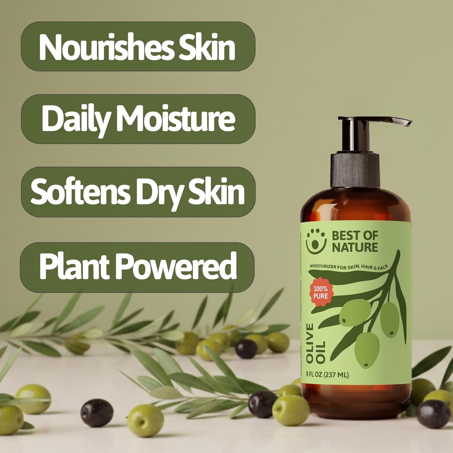 Best of Nature 100% Pure Olive Massage & Body Oil – Cold Pressed, Natural & Unscented Moisturizer for Skin, Hair & Bath, 8 fl oz