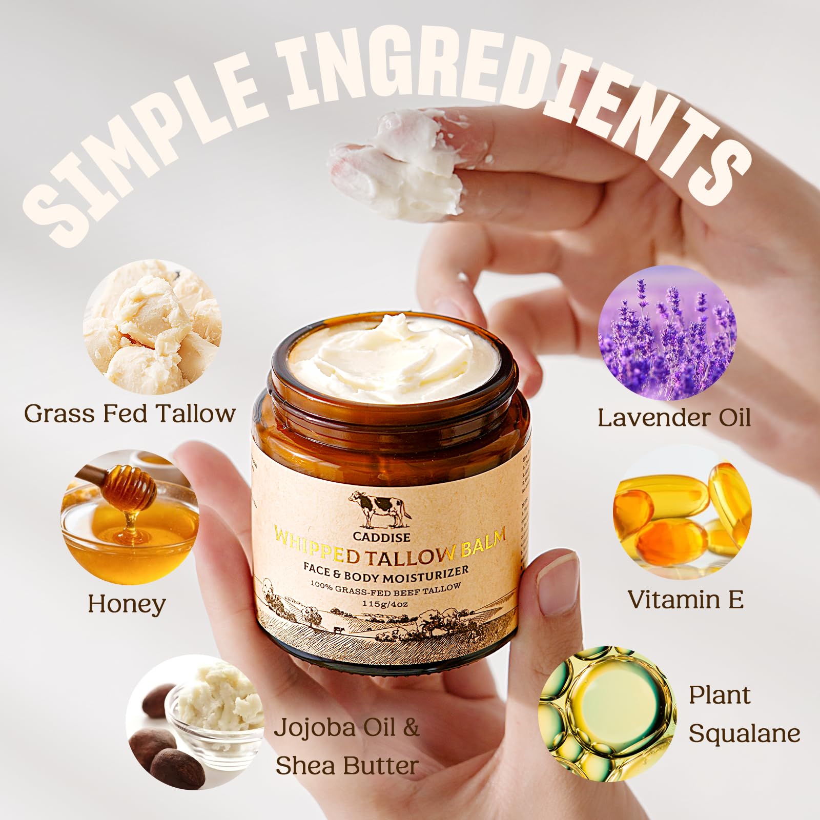 Whipped Beef Tallow for Skin – 100% Grass-Fed Handmade Cream Moisturizer for Face & Body, Natural with Honey, Shea Butter, Jojoba Oil, Non-Greasy, Nourishing for Men, Women, Kids, 4 Oz