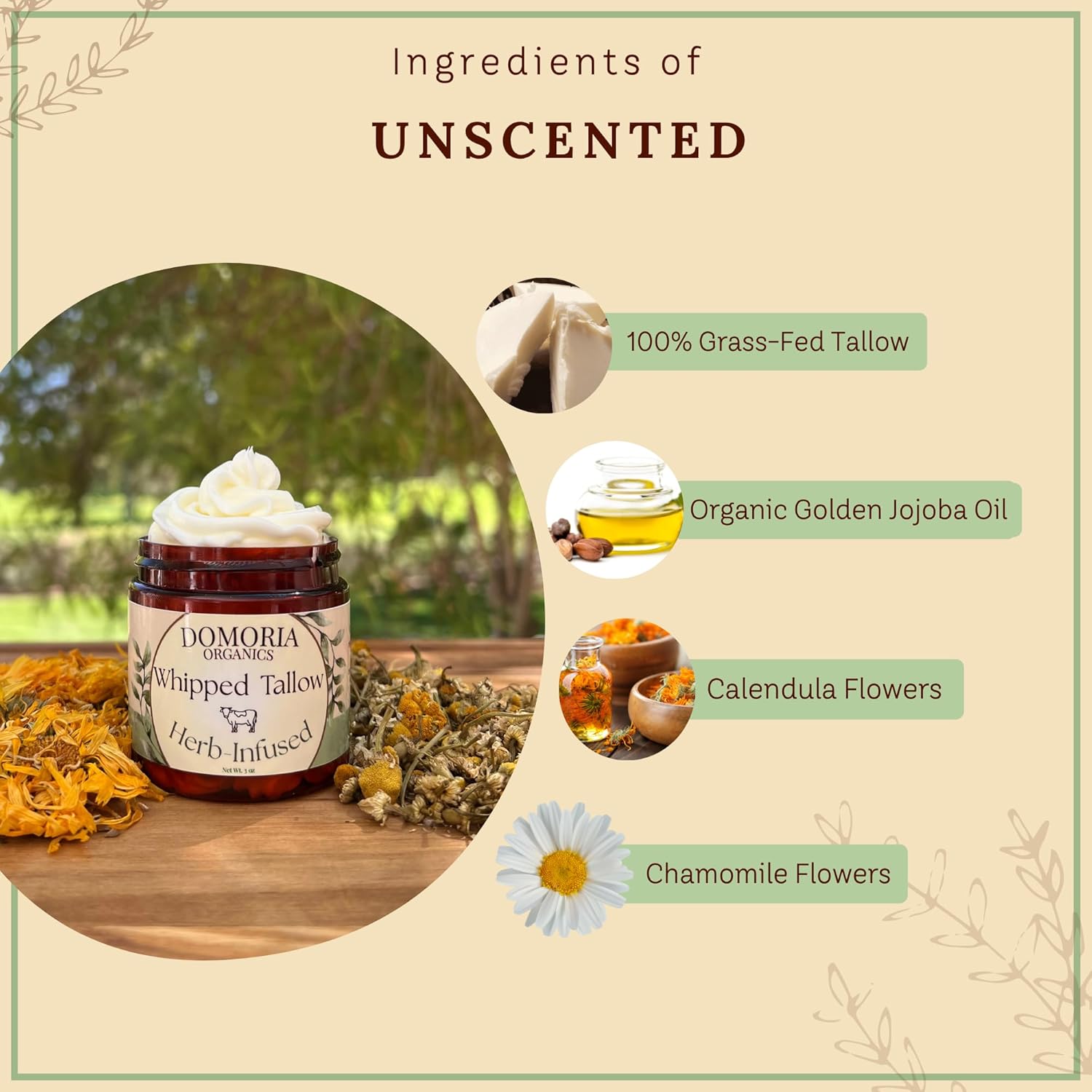 Handmade Whipped Tallow Balm - (Value Size) Herb-Infused Chamomile & Calendula Moisturizer for Men, Women, Psoriasis, Eczema, Dry Sensitive Skin - Unscented