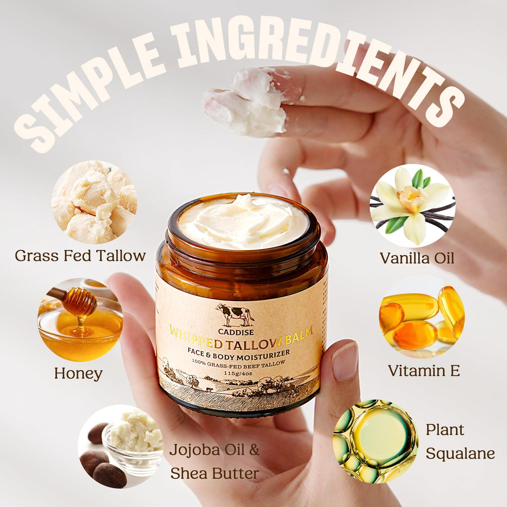 Whipped Beef Tallow for Skin – 100% Grass-Fed Handmade Cream Moisturizer for Face & Body, Natural with Honey, Shea Butter, Jojoba Oil, Non-Greasy, Nourishing for Men, Women, Kids, 4 Oz