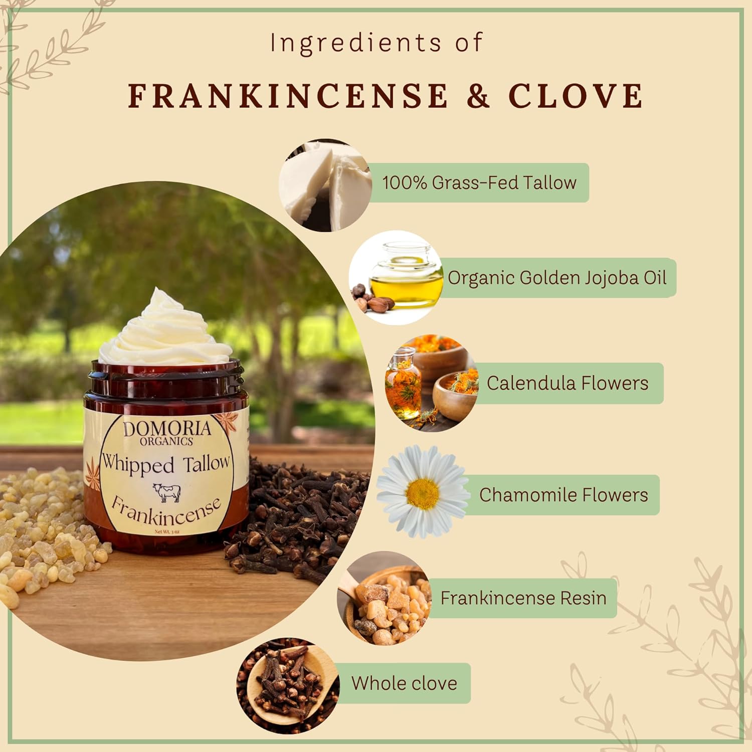 Handmade Whipped Tallow Balm - (Value Size) Frankincense Resin & Whole Clove, Herb-Infused Chamomile & Calendula for Men, Women, Psoriasis, Eczema, Dry Sensitive Skin