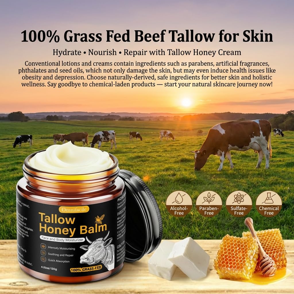 Beef Tallow for Skin,Face,Body - Handmade Whipped Tallow Face Moisturizer& Tallow Balm with 100% Grass-Fed Beef Tallow & Raw Honey,Narural Organic Tallow and honey balm for Men&Women,Unscented,4.23OZ