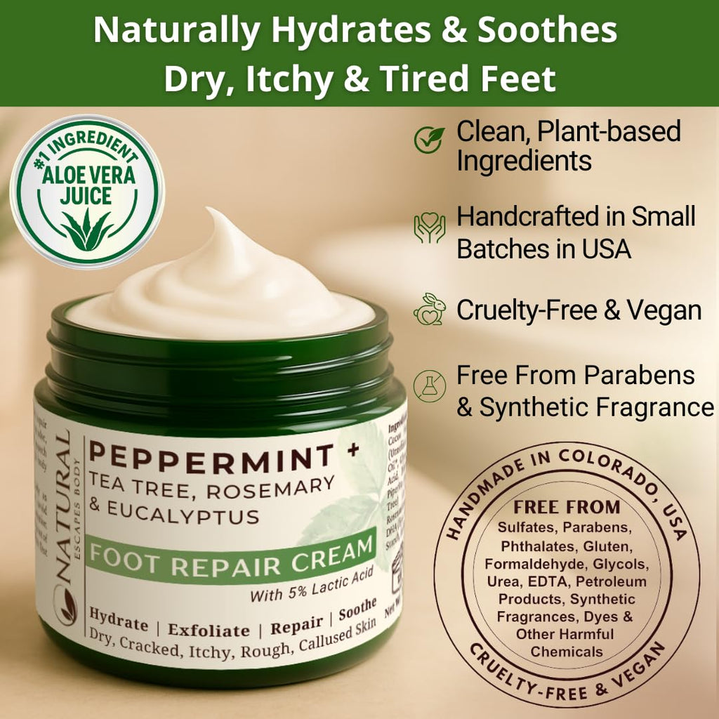 Natural Escapes Peppermint + Rosemary, Eucalyptus & Tea Tree Foot Cream for Dry Cracked Heels and Feet - Moisturizing Foot Lotion for Cracked Heel Repair - Callus Remover with Lactic Acid (4 oz)