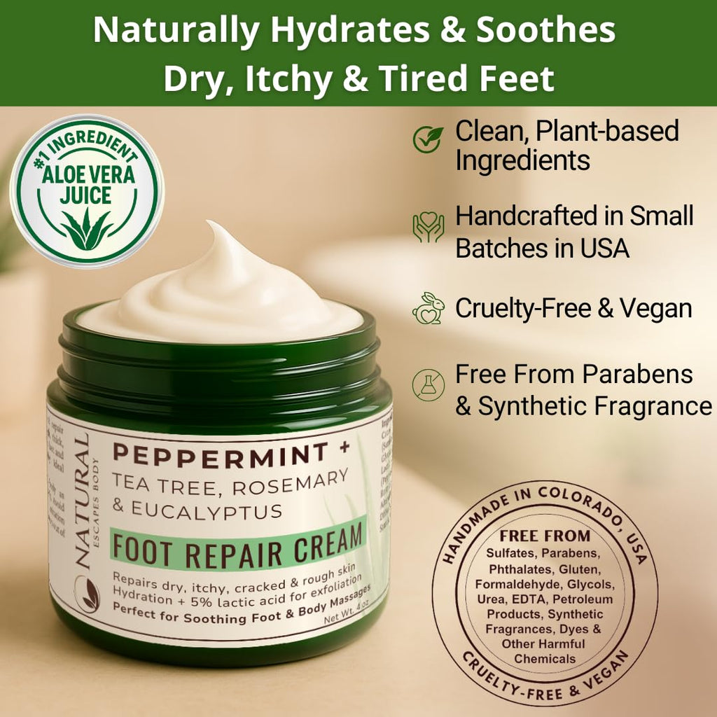 Natural Escapes Peppermint + Rosemary, Eucalyptus & Tea Tree Foot Cream for Dry Cracked Heels and Feet - Moisturizing Foot Lotion for Cracked Heel Repair - Callus Remover with Lactic Acid (4 oz)
