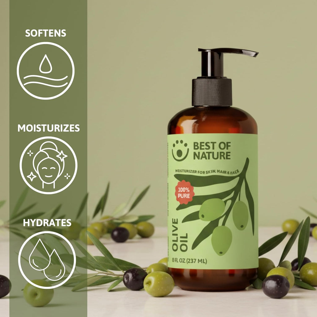 Best of Nature 100% Pure Olive Massage & Body Oil – Cold Pressed, Natural & Unscented Moisturizer for Skin, Hair & Bath, 8 fl oz