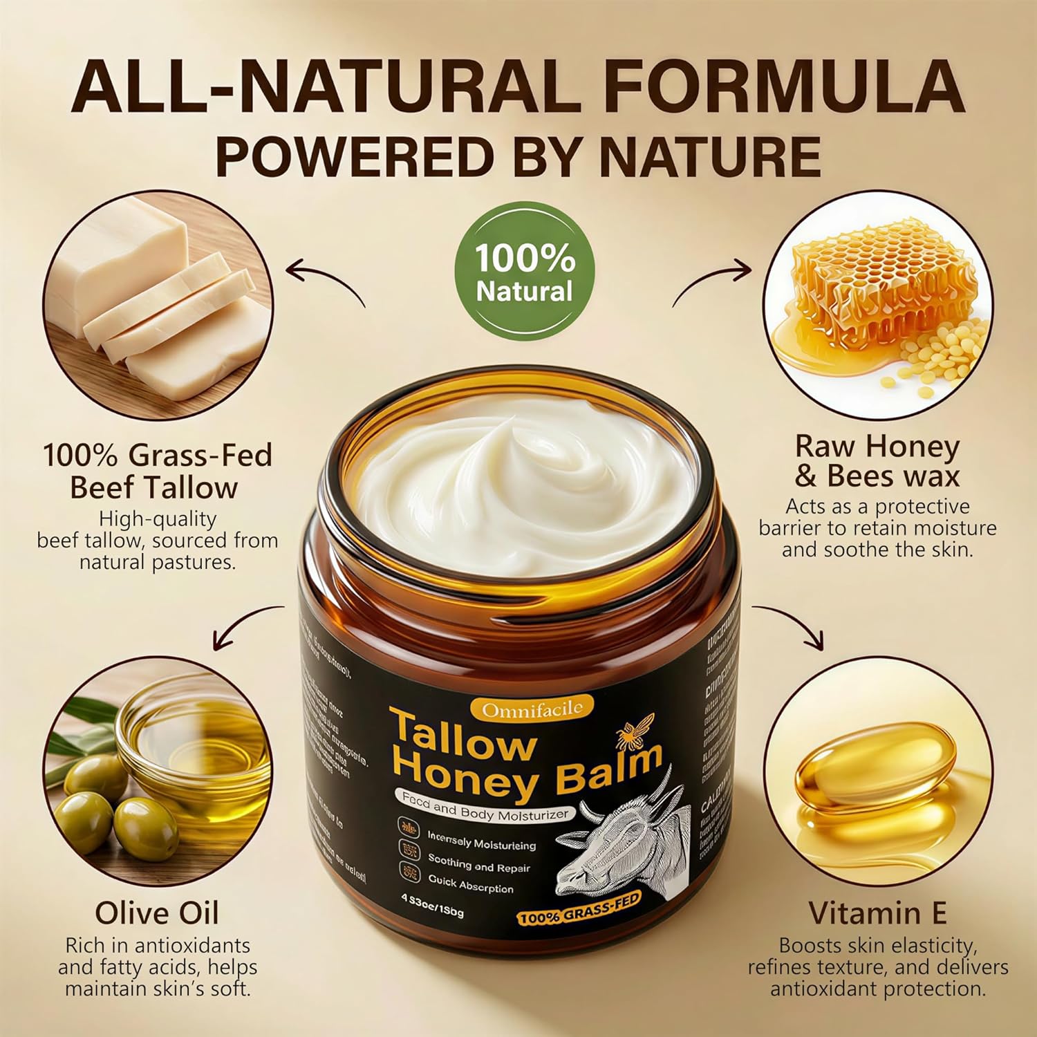 Beef Tallow for Skin,Face,Body - Handmade Whipped Tallow Face Moisturizer& Tallow Balm with 100% Grass-Fed Beef Tallow & Raw Honey,Narural Organic Tallow and honey balm for Men&Women,Unscented,4.23OZ