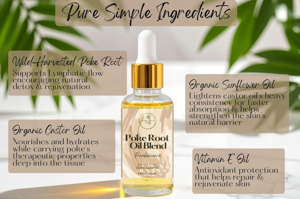 Organic Poke Root Oil with Castor Oil & Vanilla for Cysts, Boils, Fibroids, Swollen Lymph Nodes, Breast & Joint - Vegan Lymphatic Support Massage Oil - Handmade in The USA