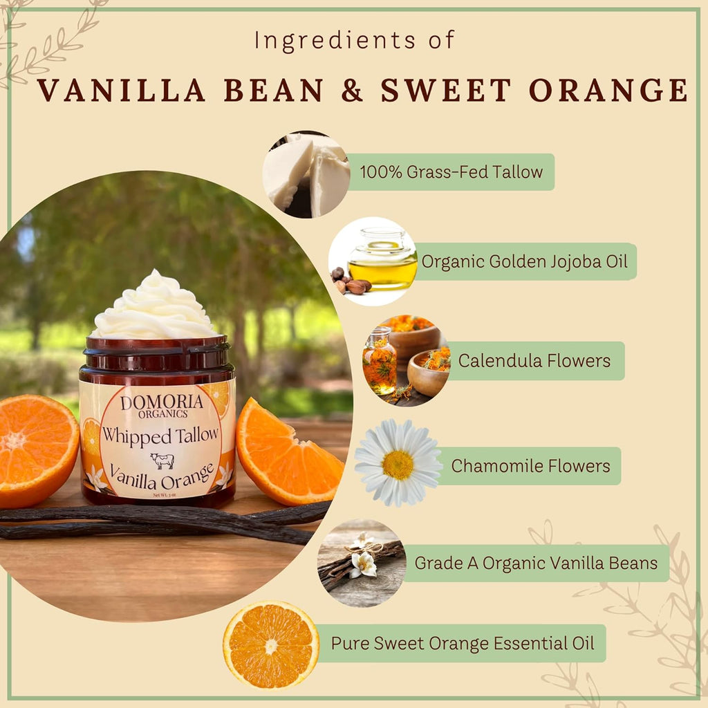 Handmade Whipped Tallow Balm - (Value Size) Vanilla & Orange with Real Vanilla Beans, Herb-Infused Chamomile & Calendula Moisturizer for Men, Women, Psoriasis, Eczema, Dry Sensitive Skin