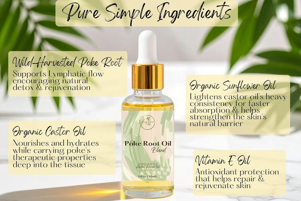 Organic Poke Root Oil with Castor Oil & Vanilla for Cysts, Boils, Fibroids, Swollen Lymph Nodes, Breast & Joint - Vegan Lymphatic Support Massage Oil - Handmade in The USA