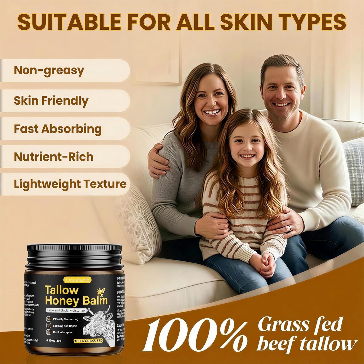 Beef Tallow for Skin,Face,Body - Handmade Whipped Tallow Face Moisturizer& Tallow Balm with 100% Grass-Fed Beef Tallow & Raw Honey,Narural Organic Tallow and honey balm for Men&Women,Unscented,4.23OZ