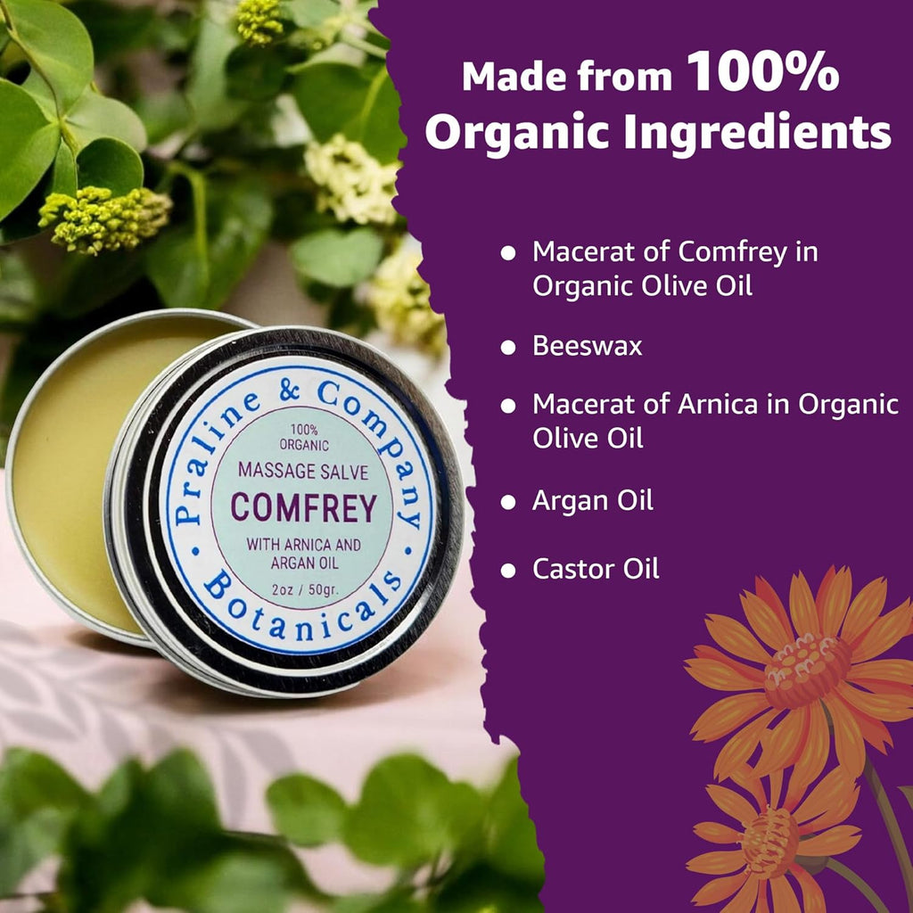 Comfrey Massage Salve - 100% Organic & Natural Herbal Salve - Handmade Salve Ointment with Macerate of Arnica, Argan & Castor Oil - Soothing Body Balm for Relief & Relaxation - 1oz