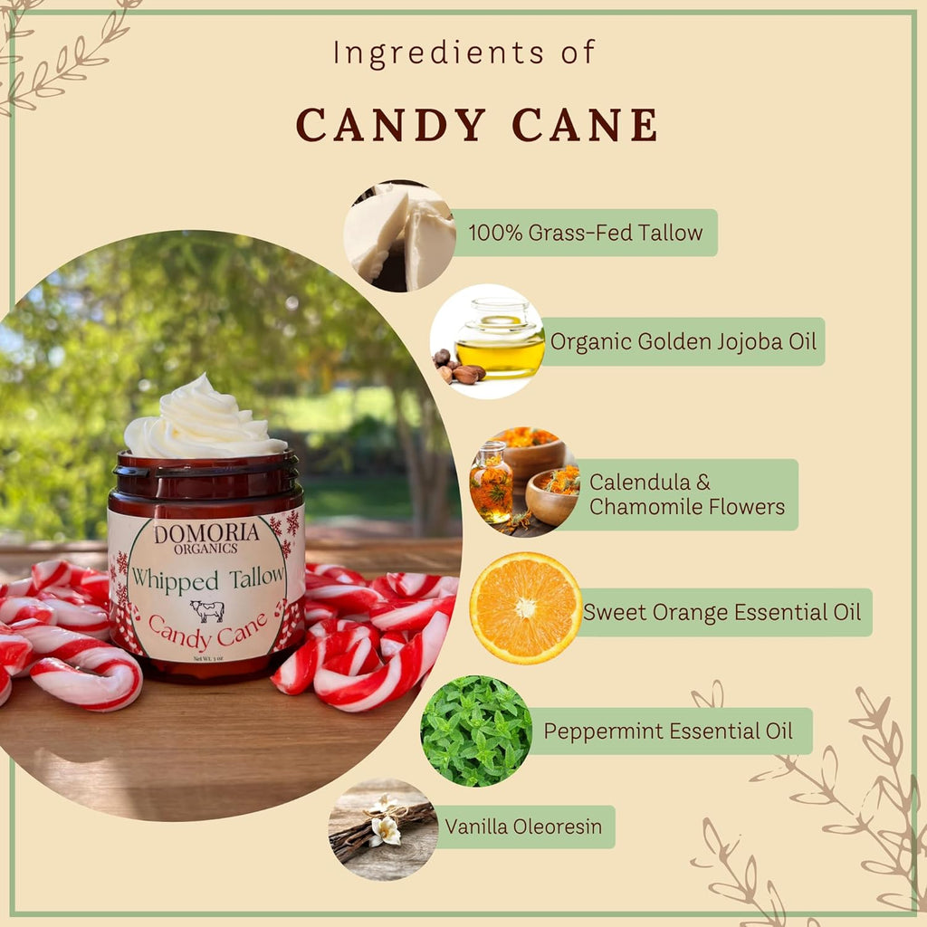 Handmade Whipped Tallow Balm Holiday Edition Candy Cane, (Value Size) Grass-Fed, Nutrient-Rich Moisturizer for Dry Sensitive Skin