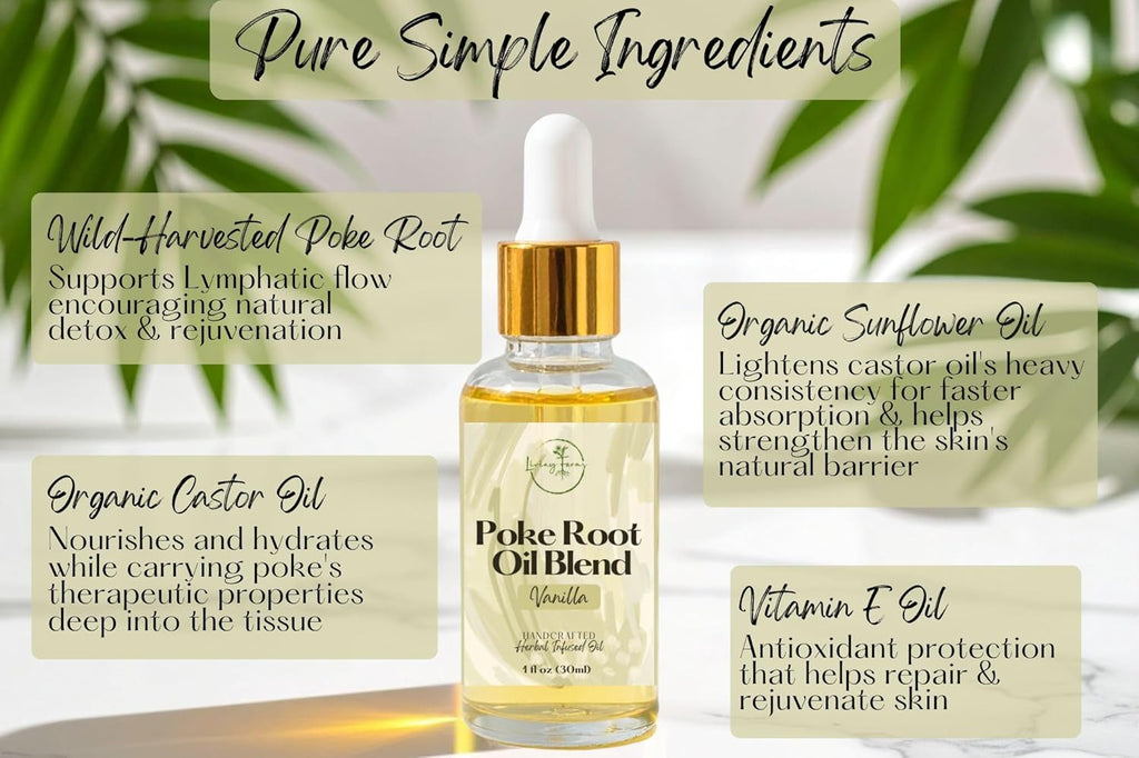 Organic Poke Root Oil with Castor Oil & Vanilla for Cysts, Boils, Fibroids, Swollen Lymph Nodes, Breast & Joint - Vegan Lymphatic Support Massage Oil - Handmade in The USA